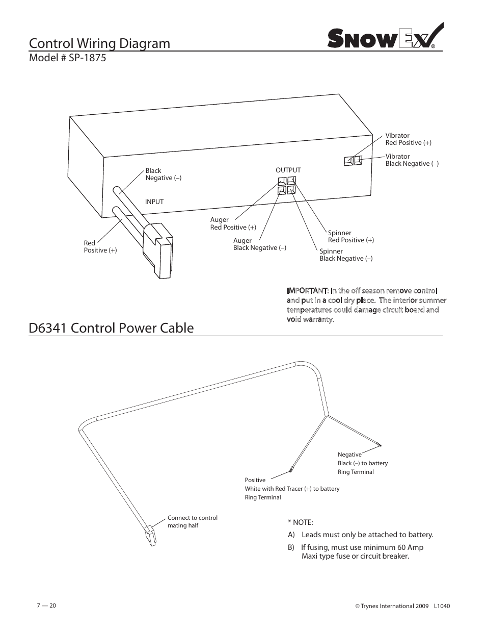 Control wiring diagram, D6341 control power cable, Model # sp-1875 | SnowEx Junior 325 User Manual | Page 20 / 51