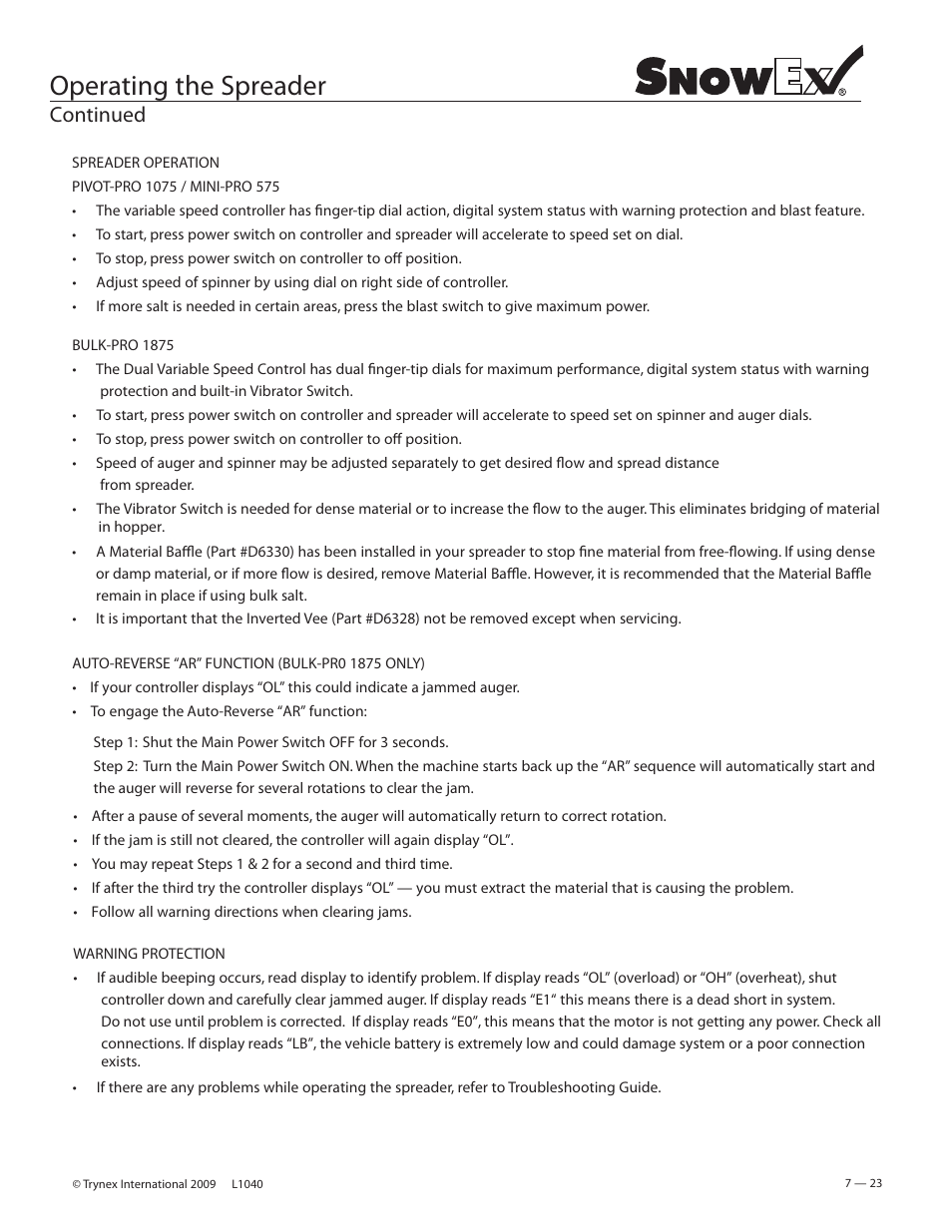 Operating the spreader, Continued | SnowEx Junior 325 User Manual | Page 23 / 51