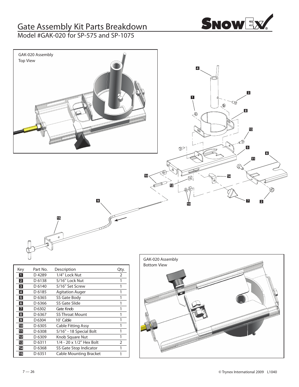 Gate assembly kit parts breakdown | SnowEx Junior 325 User Manual | Page 26 / 51