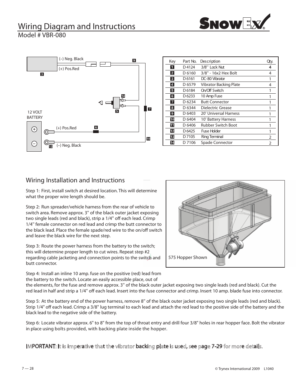 Wiring diagram and instructions, Model # vbr-080, Wiring installation and instructions | SnowEx Junior 325 User Manual | Page 28 / 51