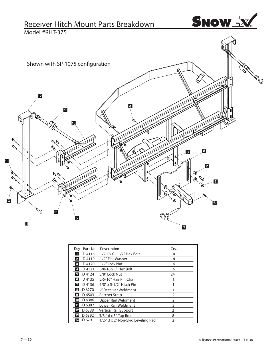 Receiver hitch mount parts breakdown, Model #rht-375, Shown with sp-1075 configuration | SnowEx Junior 325 User Manual | Page 30 / 51