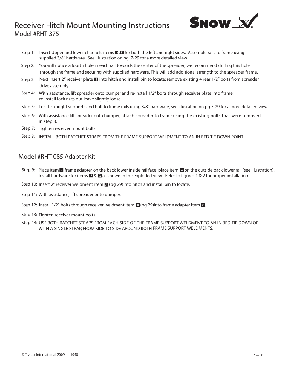 Receiver hitch mount mounting instructions, Model #rht-375, Model #rht-085 adapter kit | SnowEx Junior 325 User Manual | Page 31 / 51
