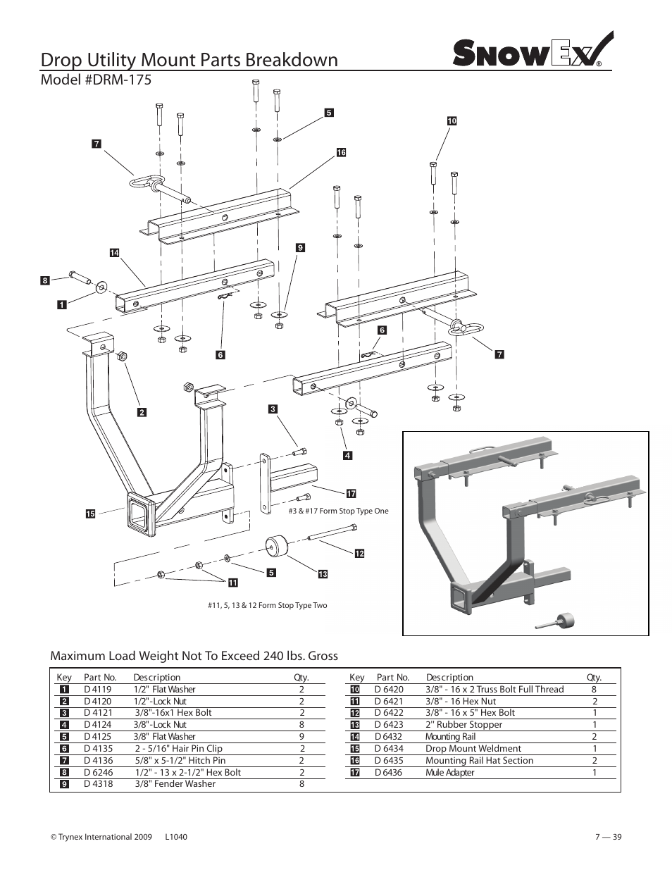 Drop utility mount parts breakdown, Model #drm-175, Maximum load weight not to exceed 240 lbs. gross | SnowEx Junior 325 User Manual | Page 39 / 51