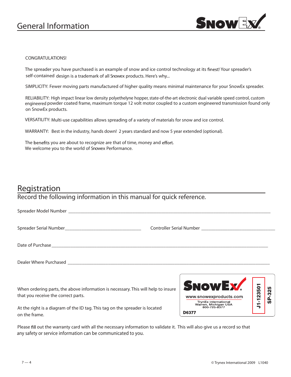 General information, Registration | SnowEx Junior 325 User Manual | Page 4 / 51