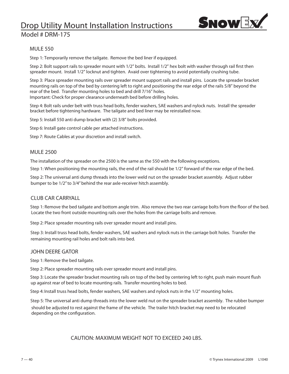 Drop utility mount installation instructions, Model # drm-175 | SnowEx Junior 325 User Manual | Page 40 / 51