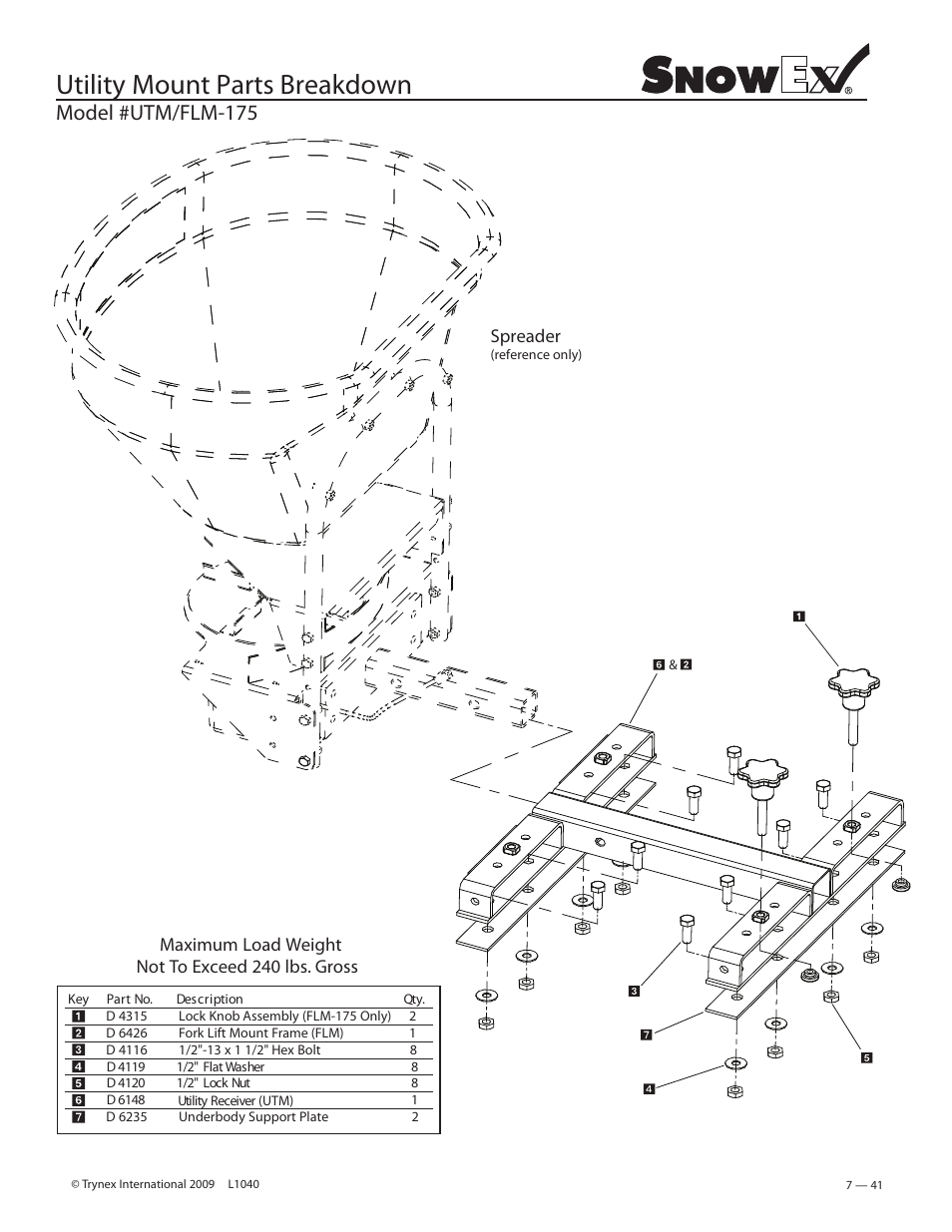 Utility mount parts breakdown, Model #utm/flm-175, Spreader | Maximum load weight not to exceed 240 lbs. gross | SnowEx Junior 325 User Manual | Page 41 / 51