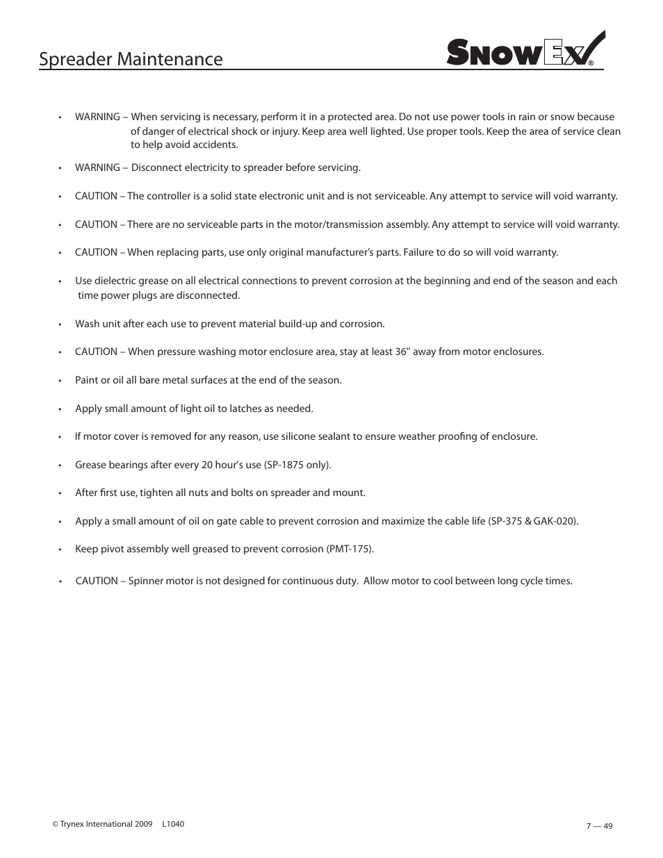 Spreader maintenance | SnowEx Junior 325 User Manual | Page 49 / 51