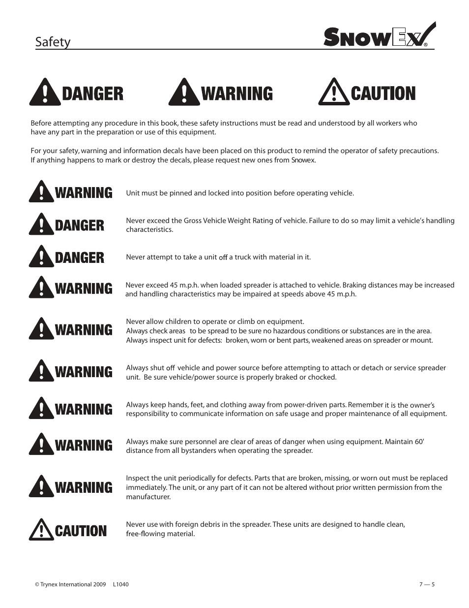Safety | SnowEx Junior 325 User Manual | Page 5 / 51