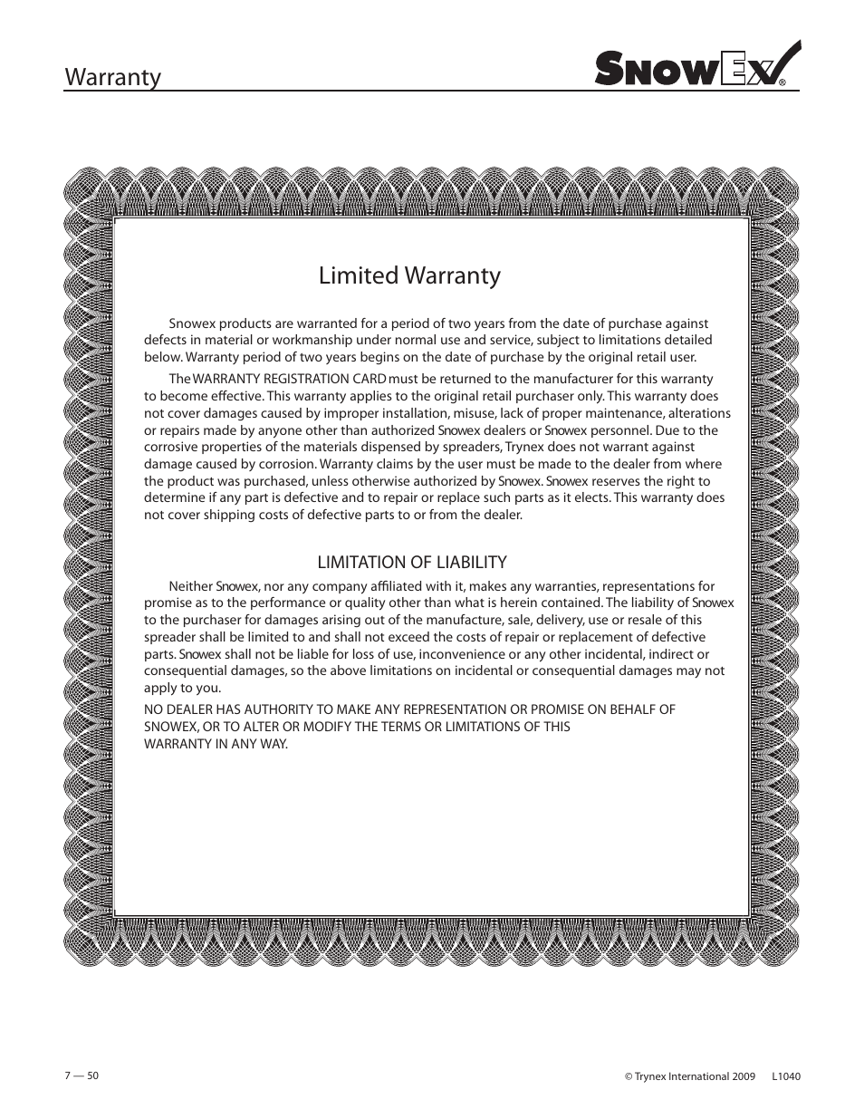 Warranty limited warranty, Limitation of liability | SnowEx Junior 325 User Manual | Page 50 / 51