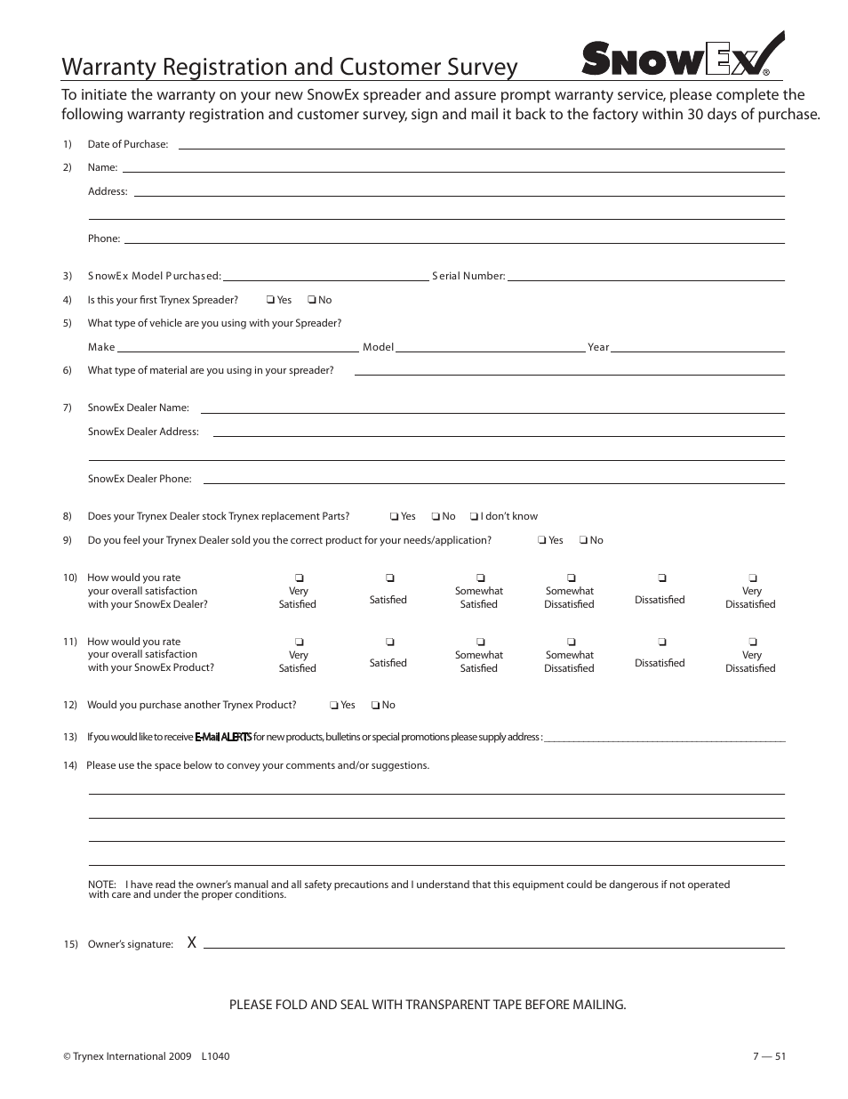 Warranty registration and customer survey | SnowEx Junior 325 User Manual | Page 51 / 51