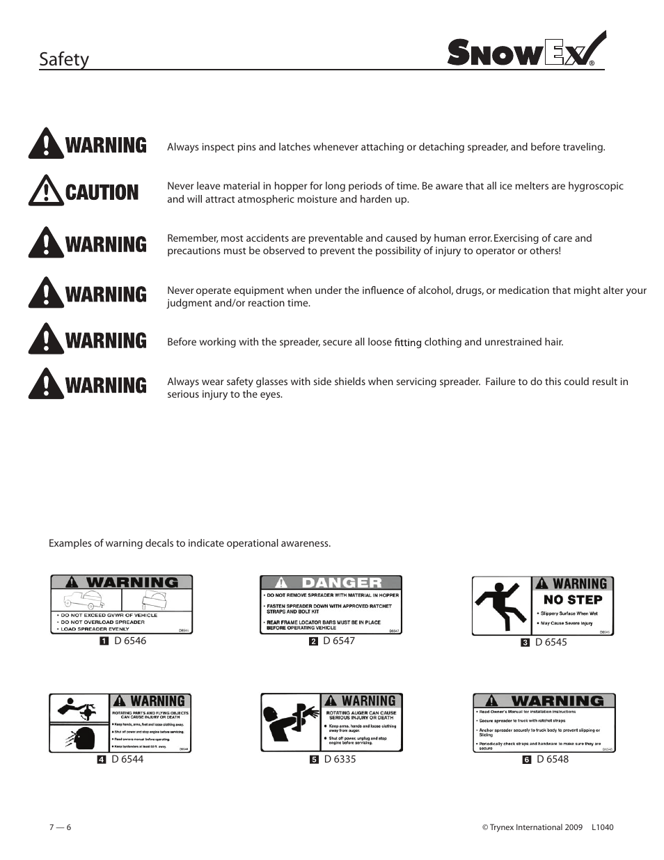 Safety | SnowEx Junior 325 User Manual | Page 6 / 51