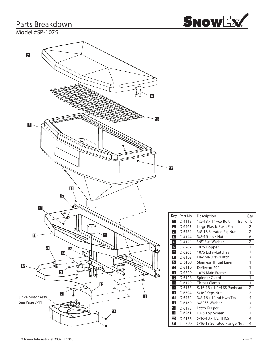 Parts breakdown, Model #sp-1075 | SnowEx Junior 325 User Manual | Page 9 / 51