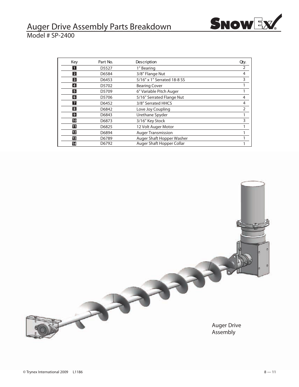 Auger drive assembly parts breakdown, Model # sp-2400 | SnowEx SP-2400 User Manual | Page 11 / 35
