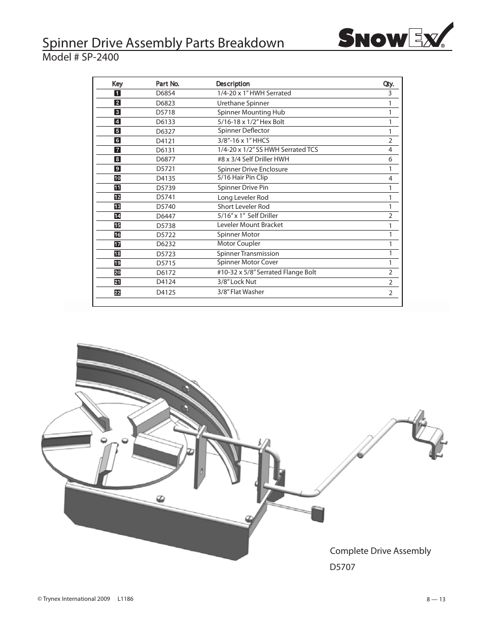 Spinner drive assembly parts breakdown, Model # sp-2400 | SnowEx SP-2400 User Manual | Page 13 / 35