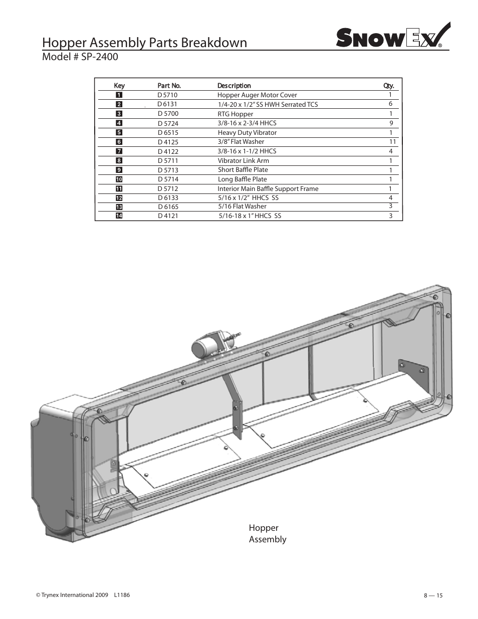 Hopper assembly parts breakdown, Model # sp-2400, Hopper assembly | SnowEx SP-2400 User Manual | Page 15 / 35