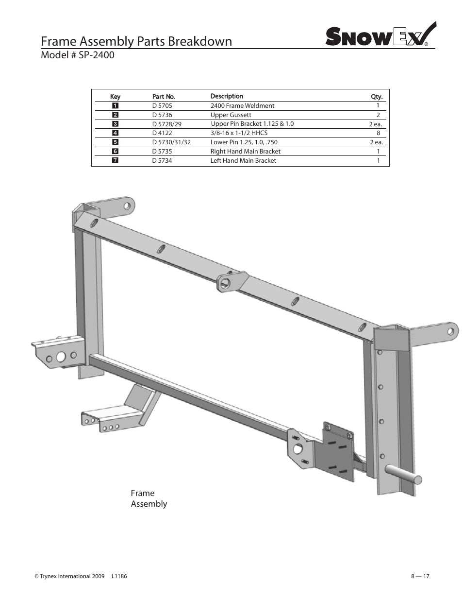Frame assembly parts breakdown, Model # sp-2400, Frame assembly | SnowEx SP-2400 User Manual | Page 17 / 35