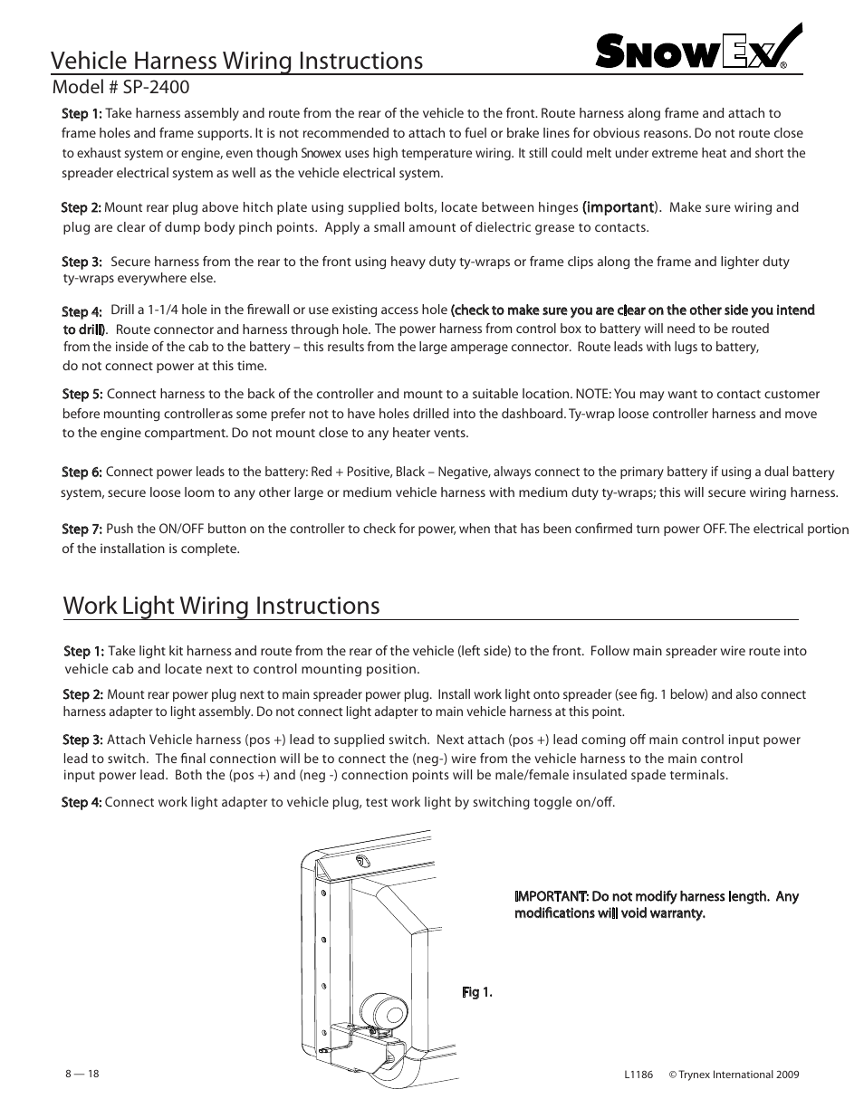 Vehicle harness wiring instructions, Work light wiring instructions, Model # sp-2400 | SnowEx SP-2400 User Manual | Page 18 / 35