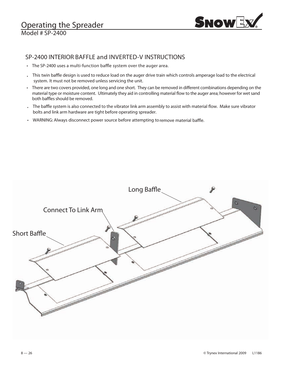 Operating the spreader, Short baffle long baffle connect to link arm | SnowEx SP-2400 User Manual | Page 26 / 35