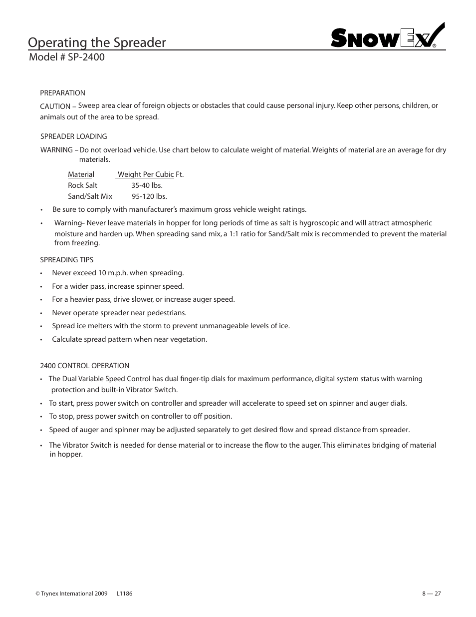 Operating the spreader, Model # sp-2400 | SnowEx SP-2400 User Manual | Page 27 / 35