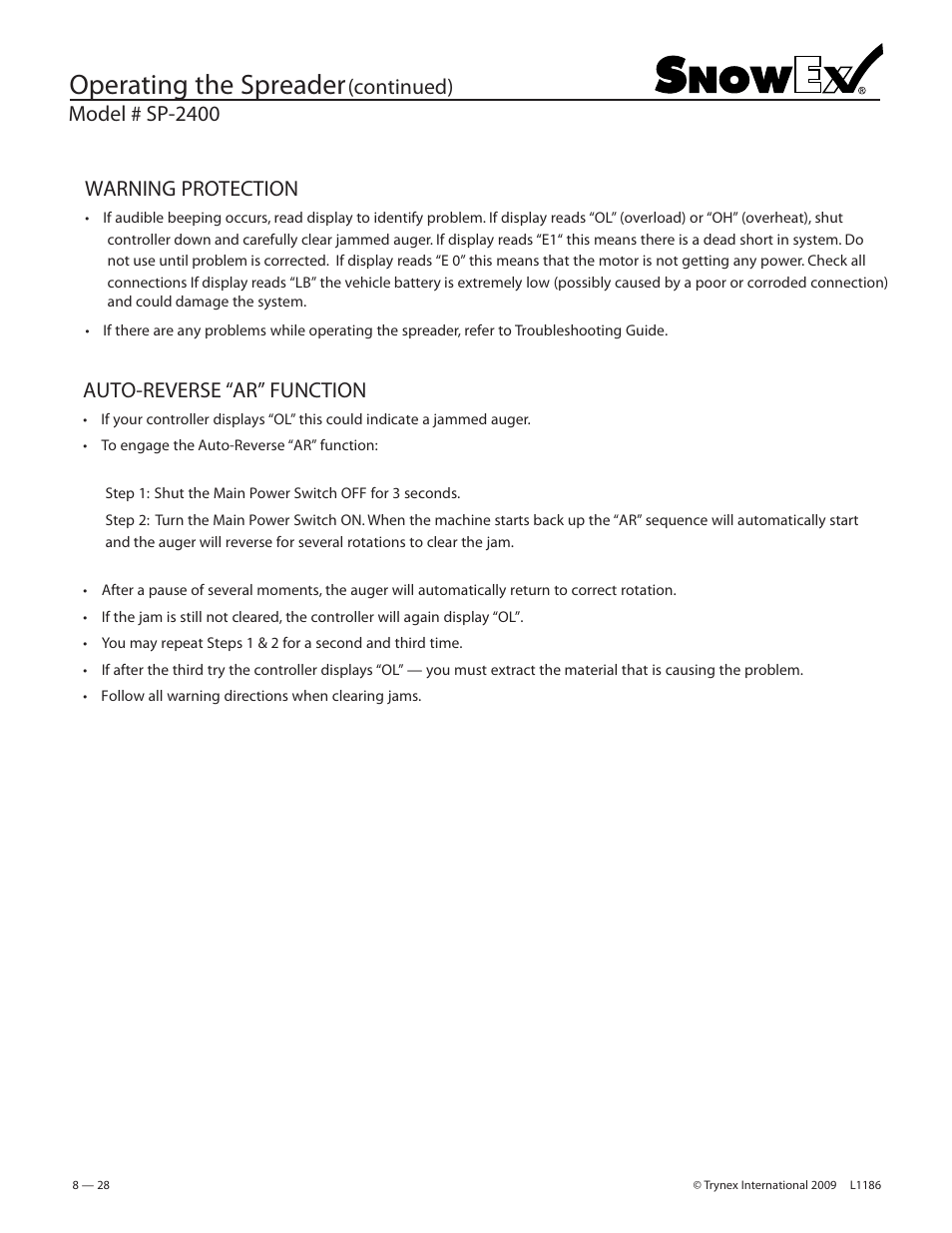 Operating the spreader, Model # sp-2400, Continued) | Warning protection, Auto-reverse “ar” function | SnowEx SP-2400 User Manual | Page 28 / 35