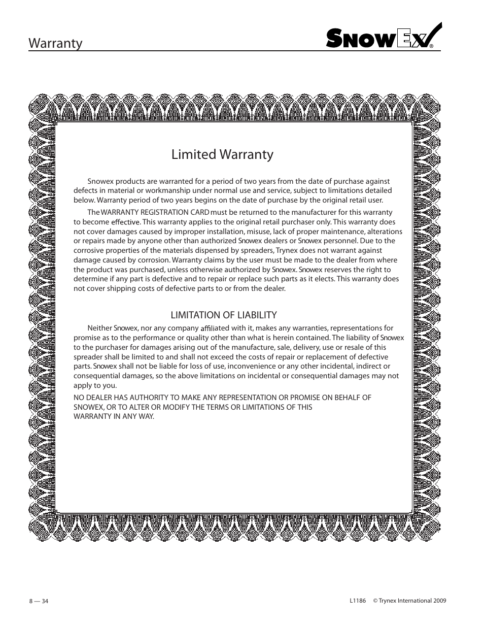 Warranty limited warranty, Limitation of liability | SnowEx SP-2400 User Manual | Page 34 / 35