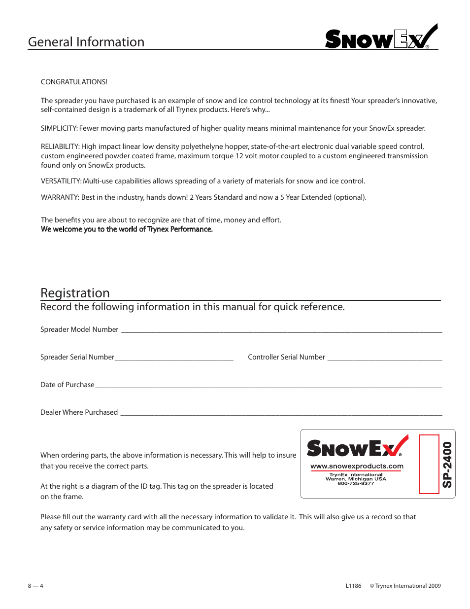 General information, Registration | SnowEx SP-2400 User Manual | Page 4 / 35