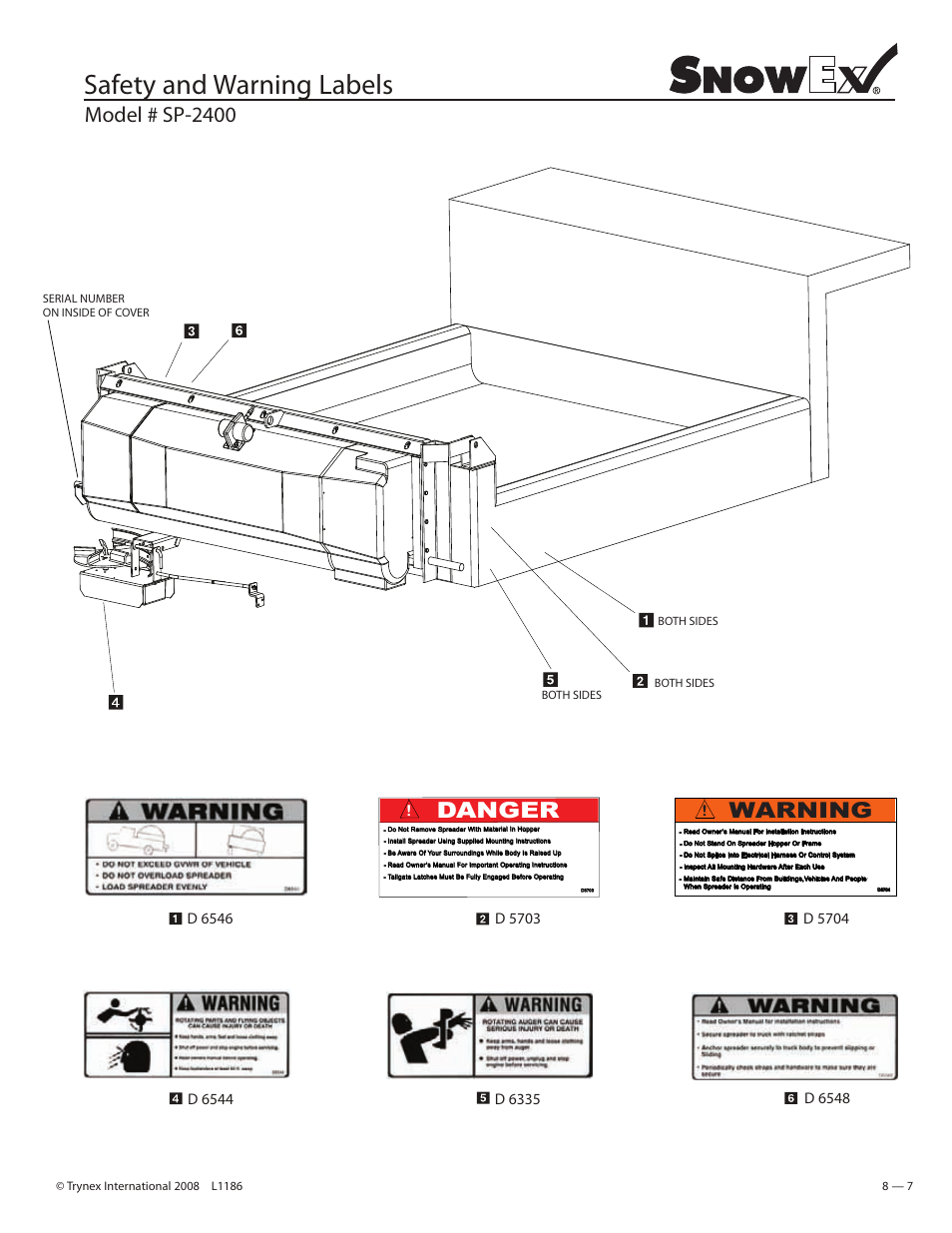Safety and warning labels, Danger, Warning | Model # sp-2400, D 5703 | SnowEx SP-2400 User Manual | Page 7 / 35