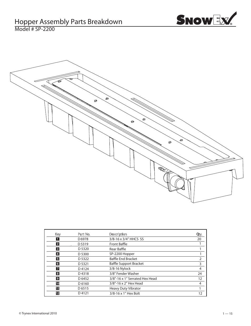 Hopper assembly parts breakdown, Model # sp-2200 | SnowEx SP-2200 User Manual | Page 15 / 36
