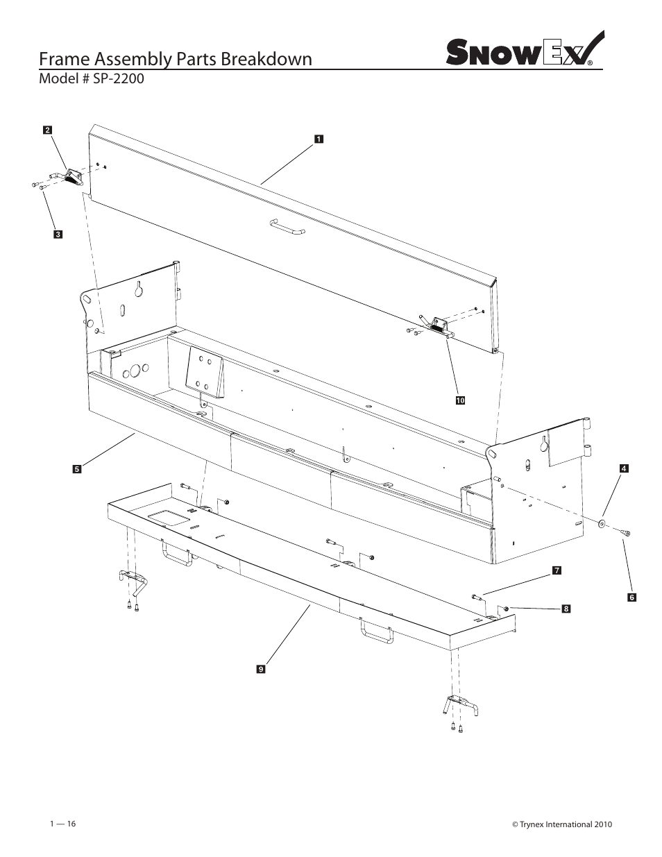 Frame assembly parts breakdown, Model # sp-2200 | SnowEx SP-2200 User Manual | Page 16 / 36