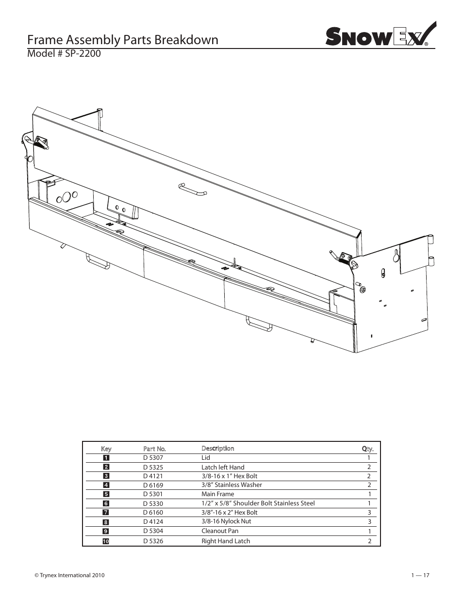 Frame assembly parts breakdown, Model # sp-2200 | SnowEx SP-2200 User Manual | Page 17 / 36