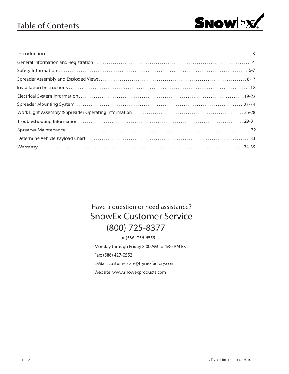 SnowEx SP-2200 User Manual | Page 2 / 36
