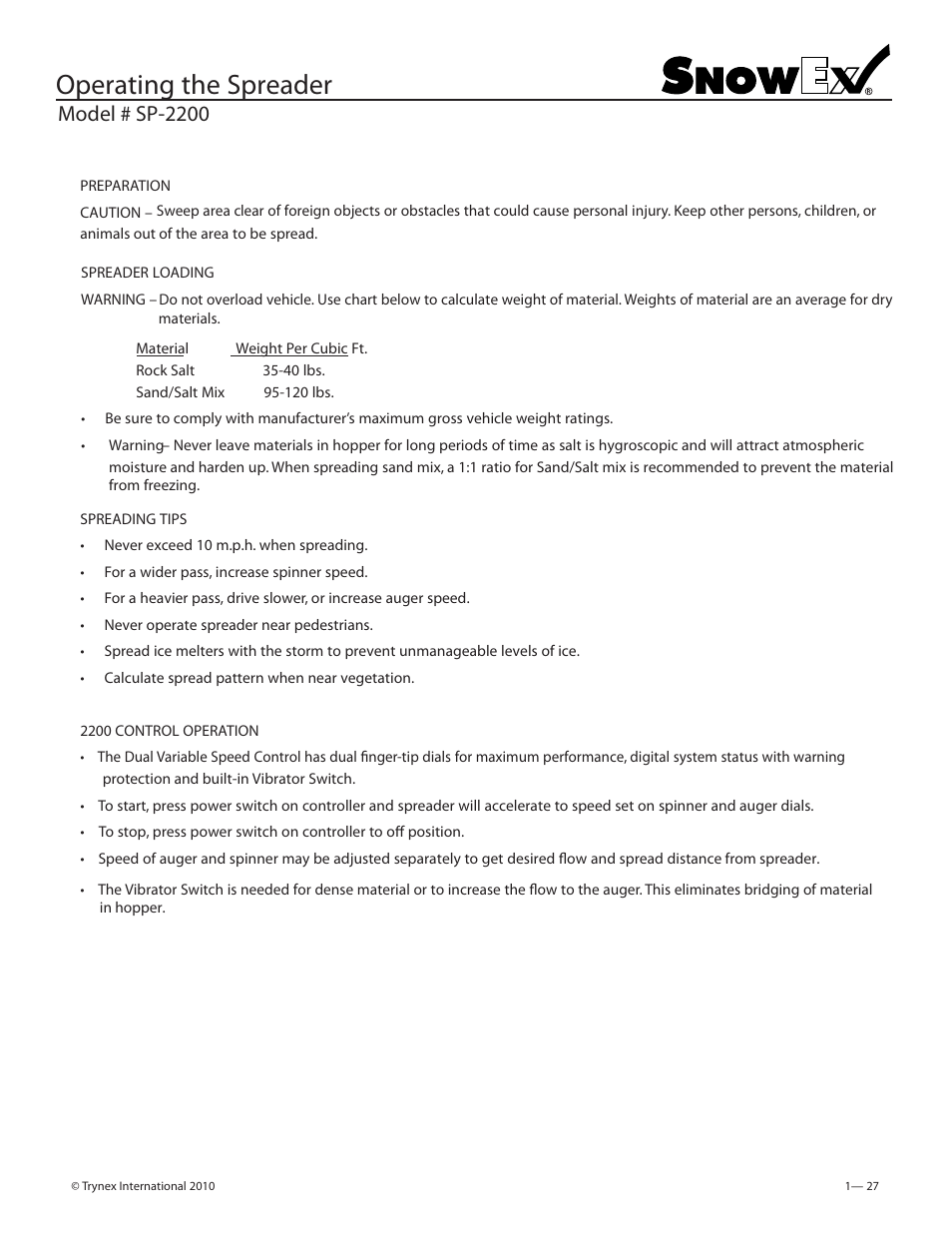 Operating the spreader, Model # sp-2200 | SnowEx SP-2200 User Manual | Page 27 / 36