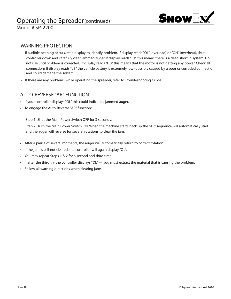 Operating the spreader, Model # sp-2200, Continued) | Warning protection, Auto-reverse “ar” function | SnowEx SP-2200 User Manual | Page 28 / 36