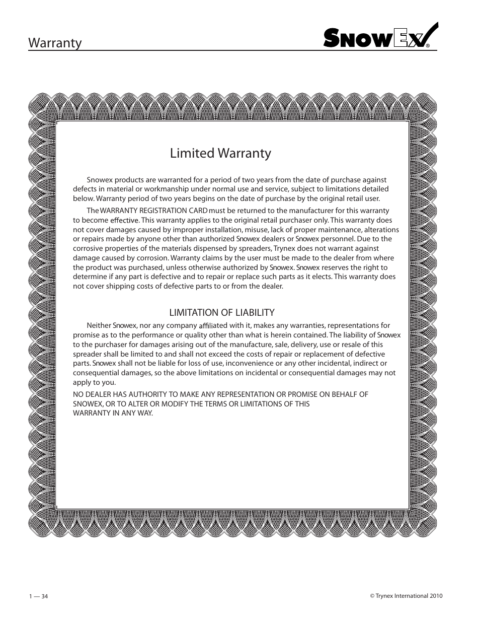 Warranty limited warranty, Limitation of liability | SnowEx SP-2200 User Manual | Page 34 / 36