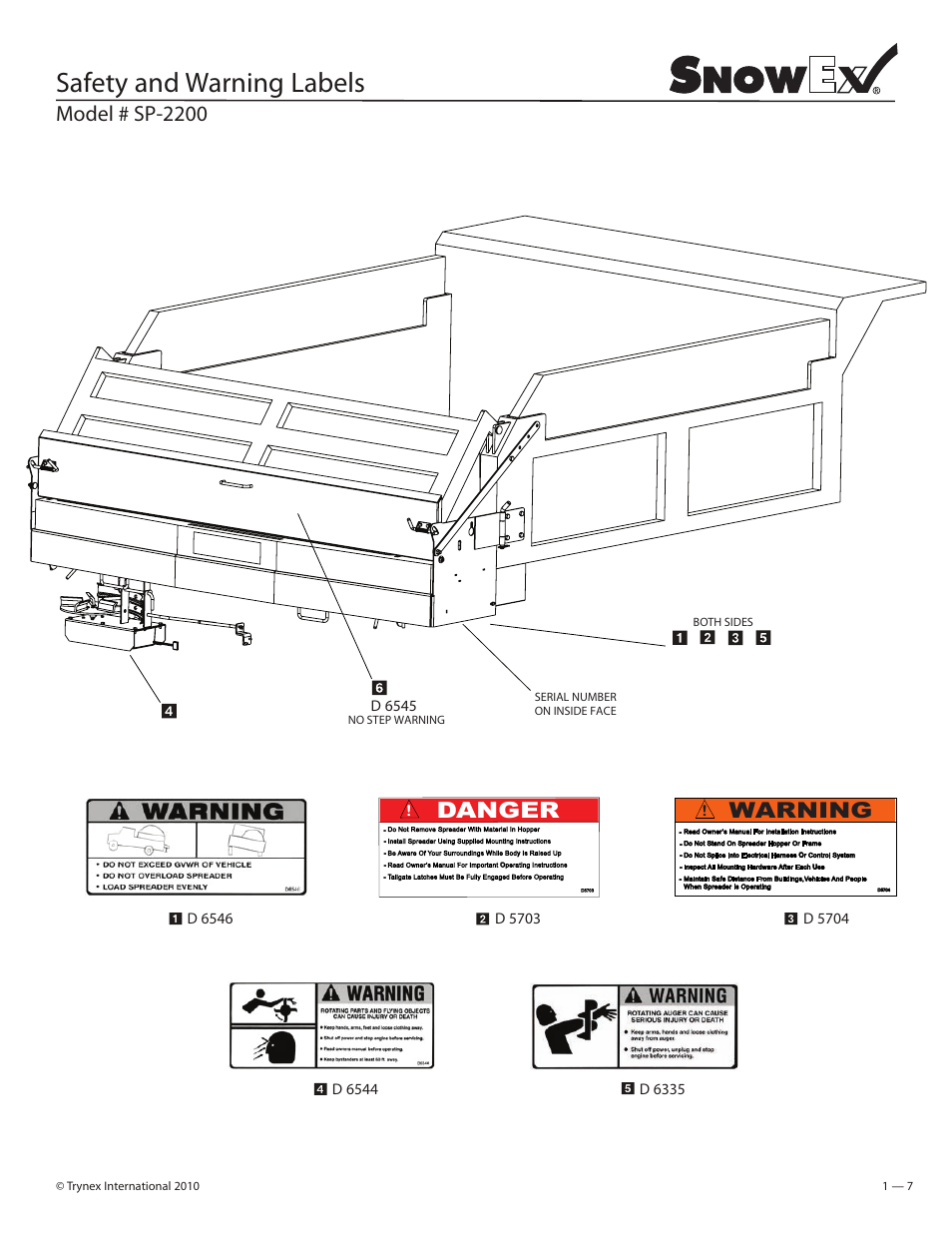 Safety and warning labels, Danger, Warning | Model # sp-2200, D 5703, D 6545, Serial number on inside face both sides, No step warning | SnowEx SP-2200 User Manual | Page 7 / 36