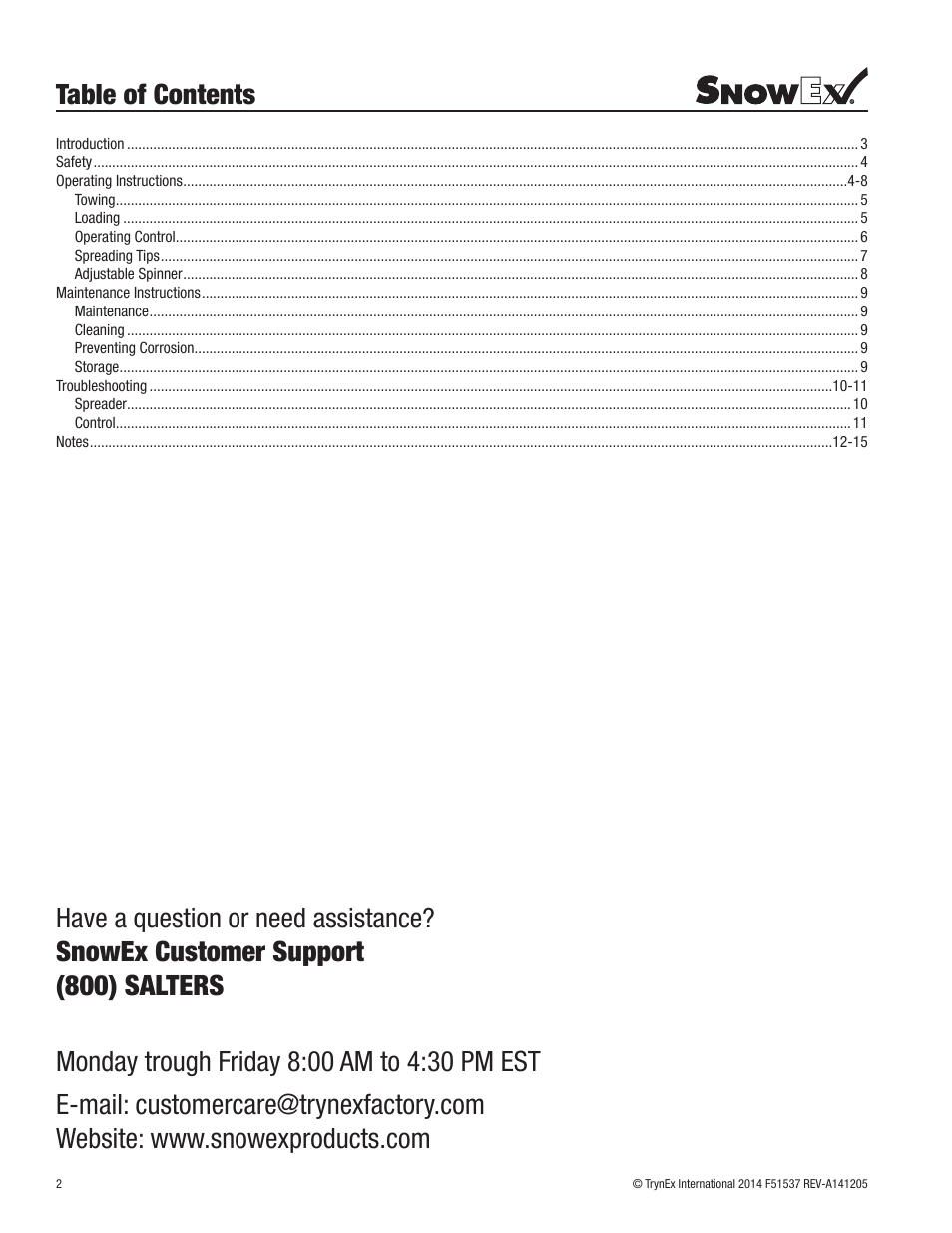 Snowex customer support (800) salters | SnowEx SP-7000 Owners Manual User Manual | Page 2 / 16