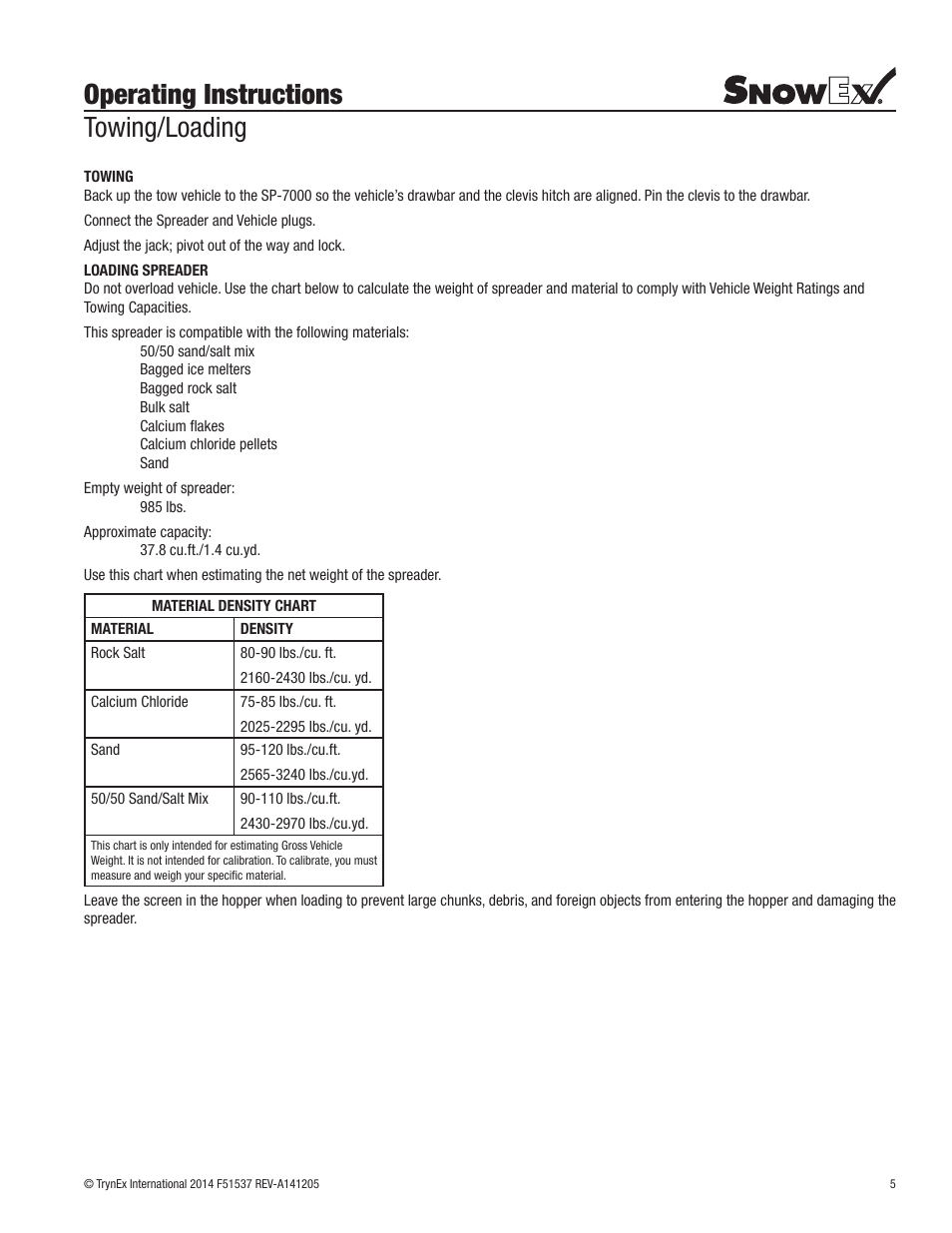 Operating instructions towing/loading | SnowEx SP-7000 Owners Manual User Manual | Page 5 / 16