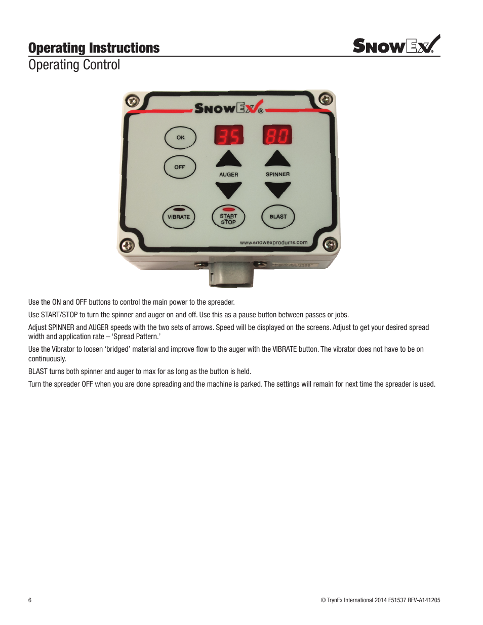 Operating instructions operating control | SnowEx SP-7000 Owners Manual User Manual | Page 6 / 16