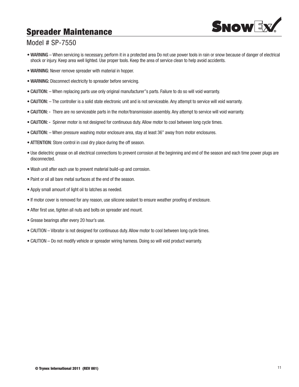 Spreader maintenance, Model # sp-7550 | SnowEx SP-7550 User Manual | Page 11 / 36