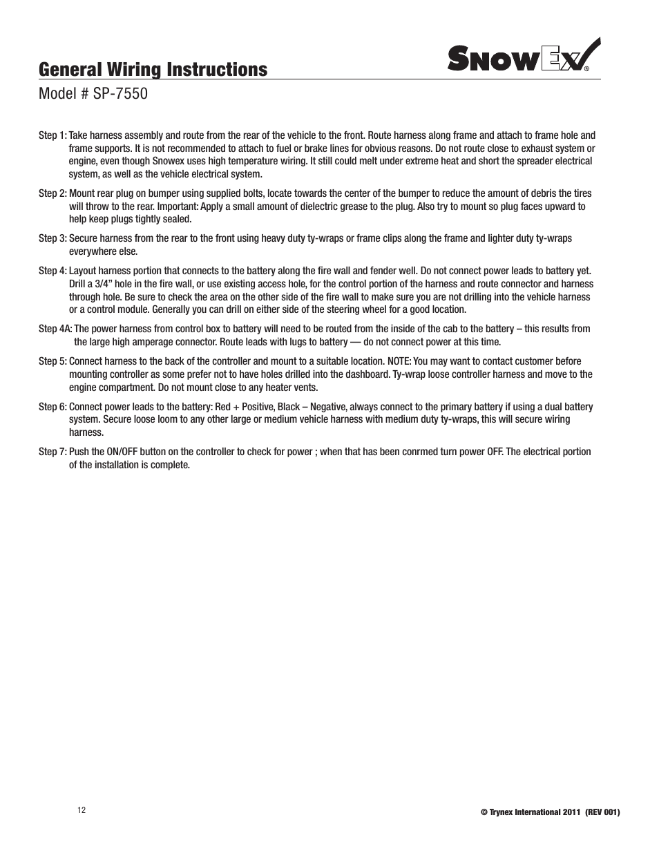 General wiring instructions, Model # sp-7550 | SnowEx SP-7550 User Manual | Page 12 / 36