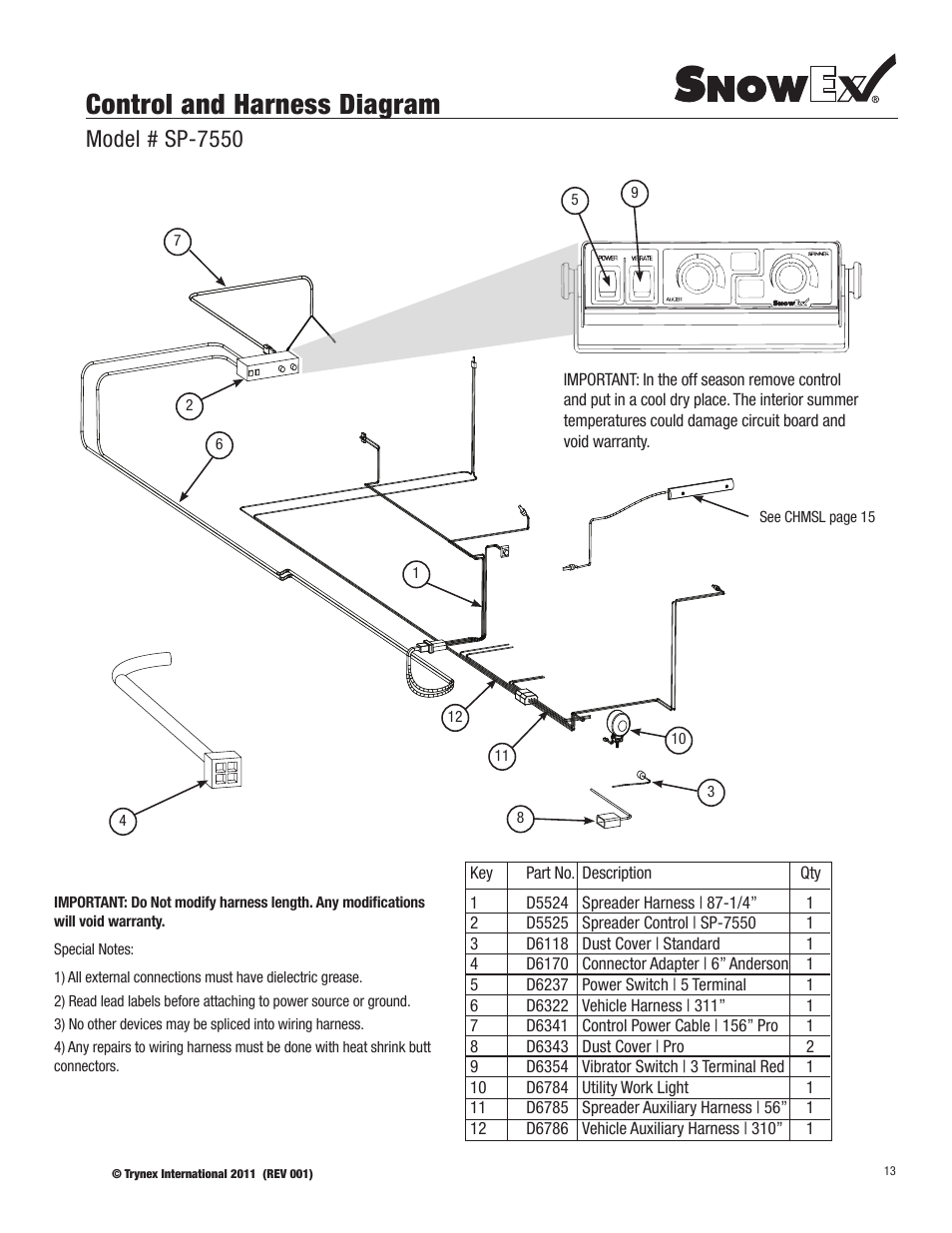 Control and harness diagram, Model # sp-7550 | SnowEx SP-7550 User Manual | Page 13 / 36