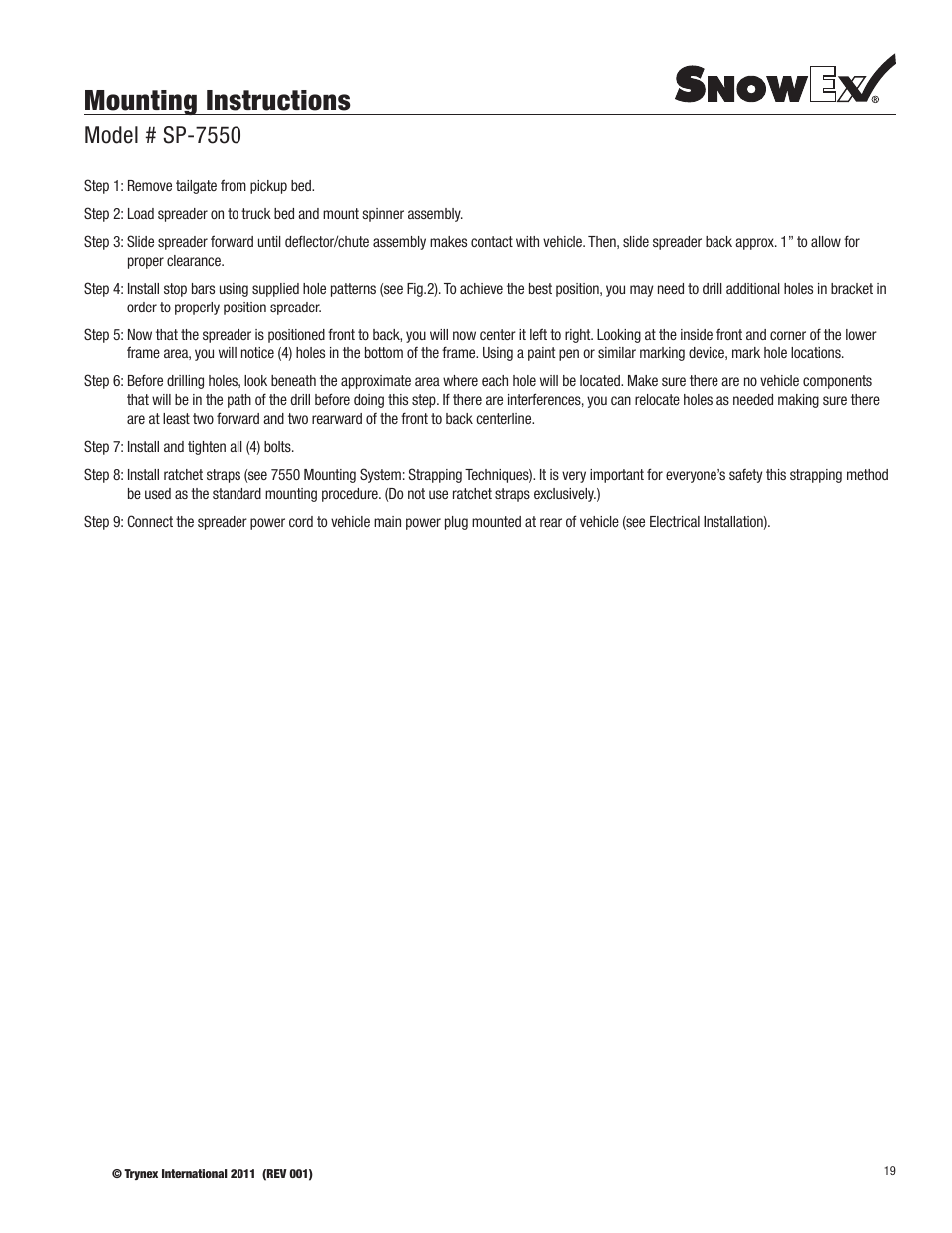 Mounting instructions, Model # sp-7550 | SnowEx SP-7550 User Manual | Page 19 / 36