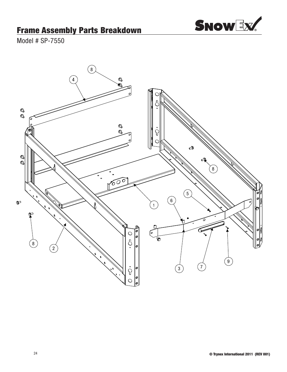 Frame assembly parts breakdown, Model # sp-7550 | SnowEx SP-7550 User Manual | Page 24 / 36