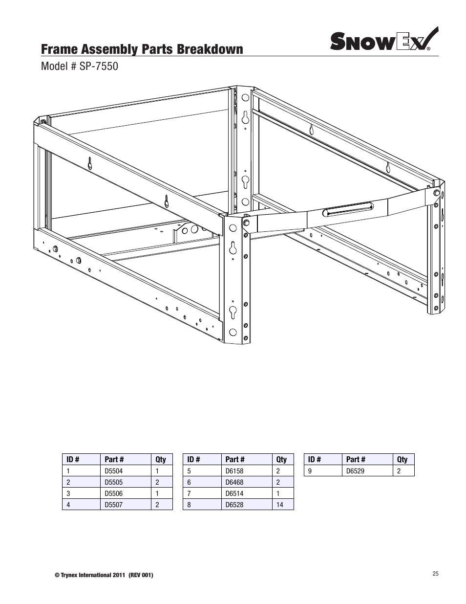 Frame assembly parts breakdown, Model # sp-7550 | SnowEx SP-7550 User Manual | Page 25 / 36