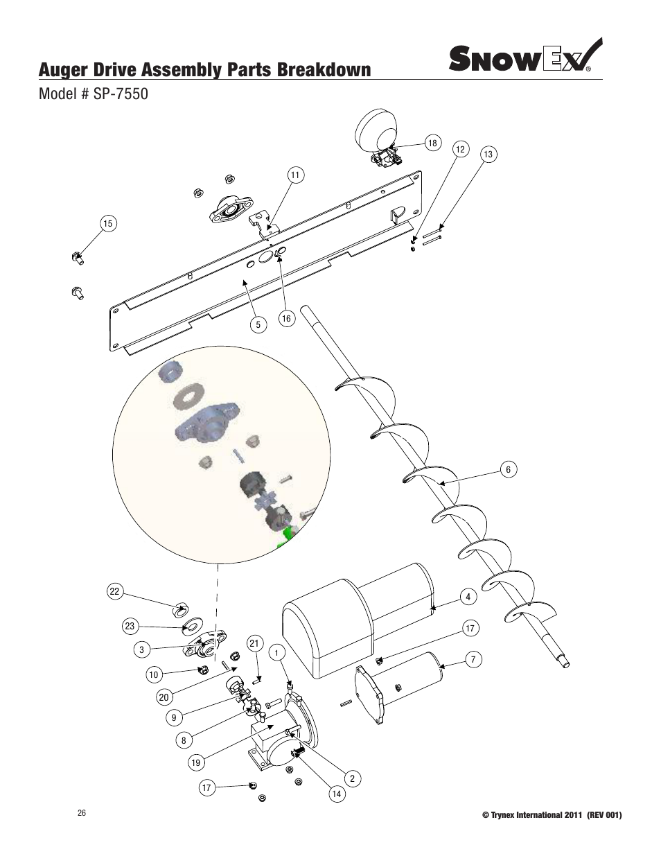 Auger drive assembly parts breakdown, Model # sp-7550 | SnowEx SP-7550 User Manual | Page 26 / 36