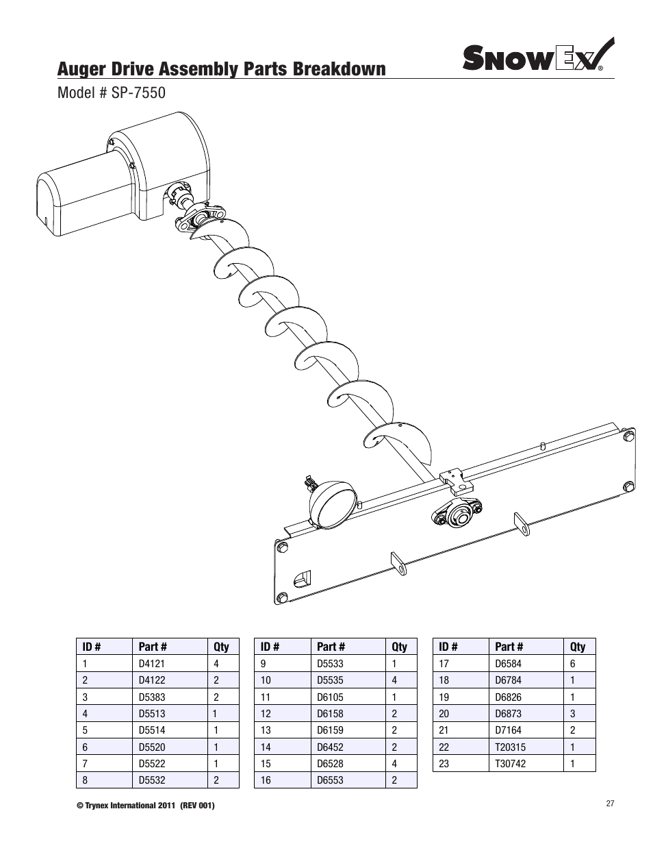 Auger drive assembly parts breakdown, Model # sp-7550 | SnowEx SP-7550 User Manual | Page 27 / 36