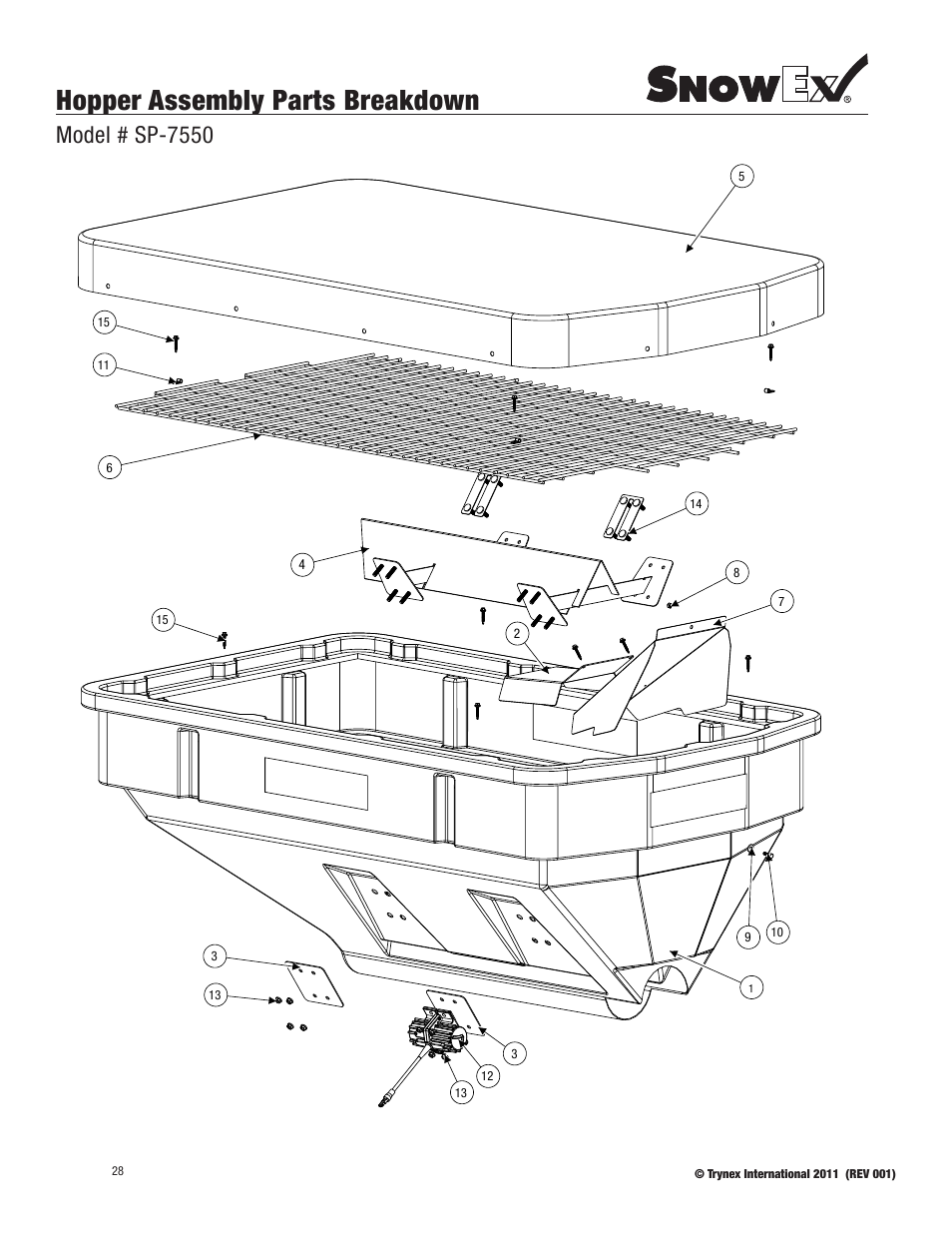 Hopper assembly parts breakdown, Model # sp-7550 | SnowEx SP-7550 User Manual | Page 28 / 36
