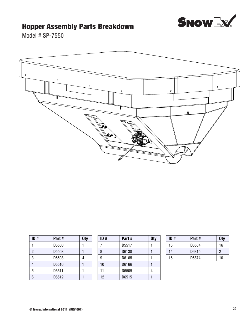 Hopper assembly parts breakdown, Model # sp-7550 | SnowEx SP-7550 User Manual | Page 29 / 36