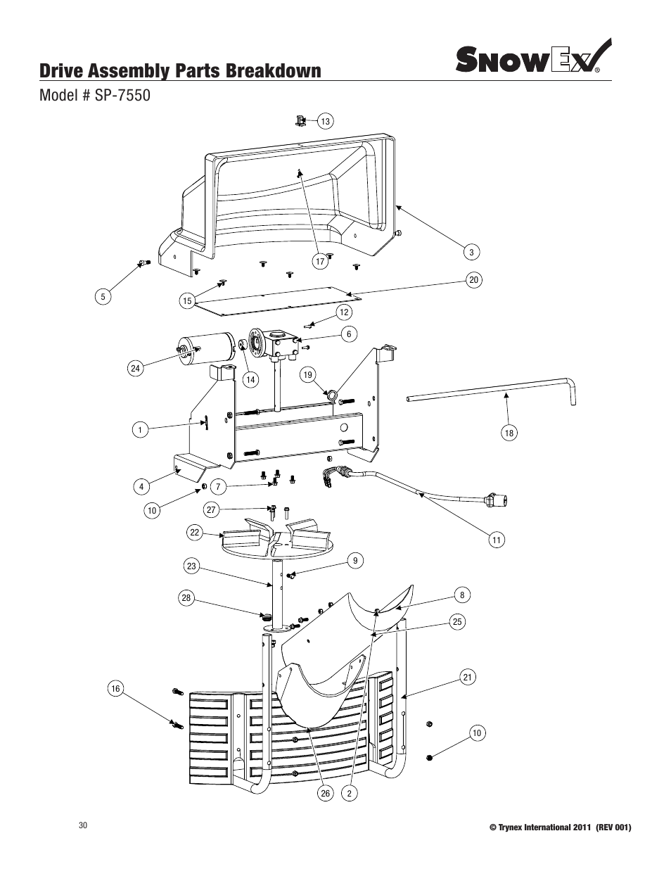 Drive assembly parts breakdown, Model # sp-7550 | SnowEx SP-7550 User Manual | Page 30 / 36