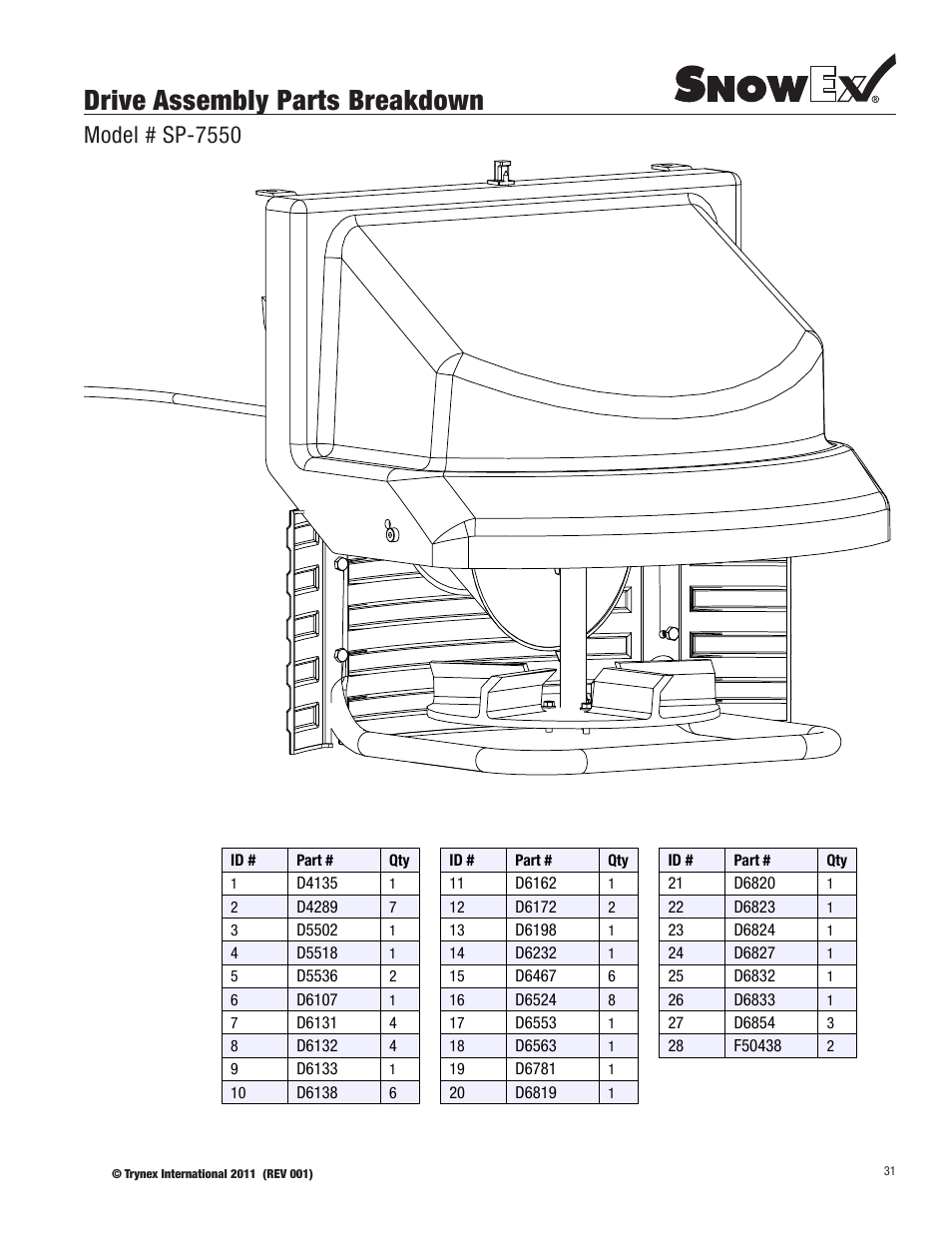 Drive assembly parts breakdown, Model # sp-7550 | SnowEx SP-7550 User Manual | Page 31 / 36